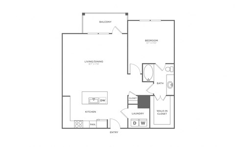 Floor plan for 1 bed, 1 bath, 966 sqft